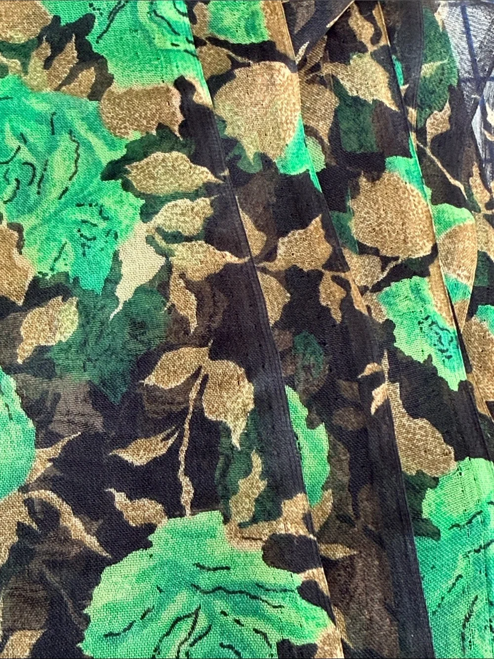 Vintage 70s Sheer Floral Fabric 4 Yards Green Roses Black Gold Flowy 42”